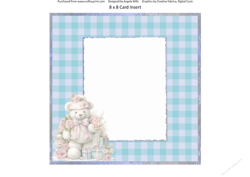 Christmas Greetings 43: Gift Box Teddy 8 x 8 Card Insert with Sentiments Teal/Lilac Gingham Check Background