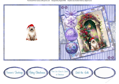 Christmas Greetings 63: Doorstep Kitty 5 x 5 Quick Cut & Fold Card with Sentiments
