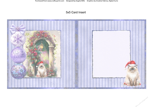 Christmas Greetings 63: Doorstep Kitty 5 x 5 Card Insert with Lilac Striped Background