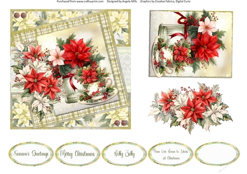Christmas Greetings 44: Poinsettias Mason Jar & Teacup 6 x 6 Card Front with Topper, Decoupage & Sentiments