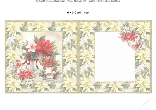 Christmas Greetings 44: Poinsettias Mason Jar & Teacup 6 x 6 Card Insert with Yellow/Green Poinsettias Background