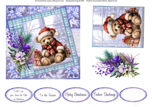 Christmas Greetings 20: Christmas Teddy 6 x 6 Card Front with Topper, Decoupage & Sentiments