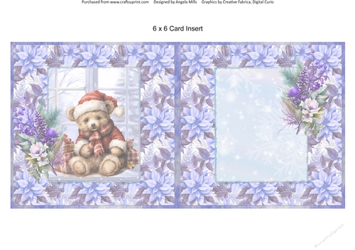 Christmas Greetings 20: Christmas Teddy 6 x 6 Card Insert with Lilac Poinsettias Background