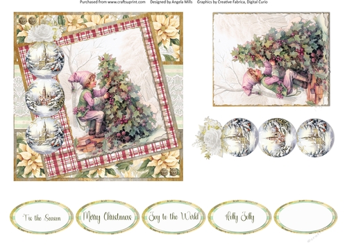 Christmas Greetings 56: Santas Little Helper 6 x 6 Card Front with Topper, Decoupage & Sentiments