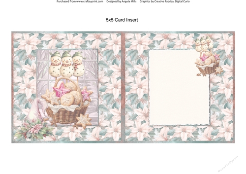 Christmas Greetings 24: Gingerbread Cookies Basket/Snowman Pops 5 x 5 Card Insert with Pink/Teal Poinsettias Background
