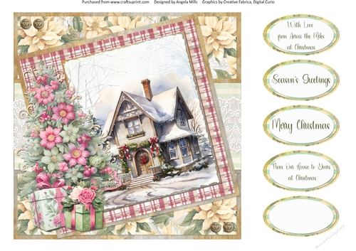 Christmas Greetings 40: Snowy House 8 x 8 Quick Card Front with Sentiments