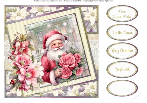 Christmas Greetings 52: Floral Santa 8 x 8 Quick Card Front with Sentiments