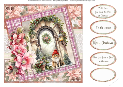 Christmas Greetings 64: Christmas Door & Cat 8 x 8 Quick Card Front with Sentiments