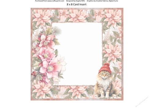 Christmas Greetings 64: Winter Floral/Cat 8 x 8 Card Insert with Peach/Green Poinsettias Background