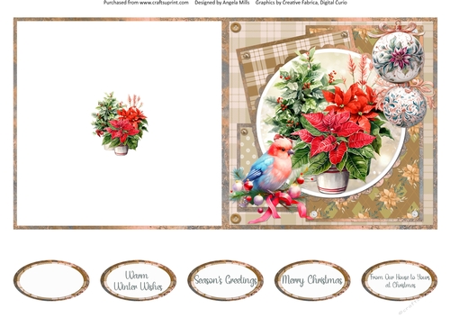 Traditional Christmas 21: Poinsettias & Bird 5 x 5 Quick Cut & Fold Card with Sentiments