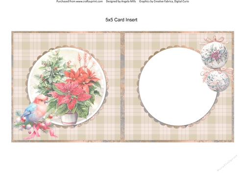 Traditional Christmas 21: Poinsettias & Bird 5 x 5 Card Insert with Tan Plaid Background