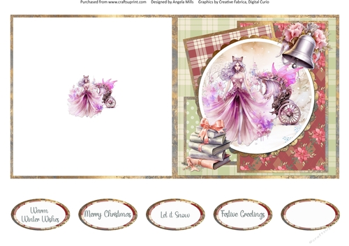Traditional Christmas 45: Winter Fairy & Carriage 5 x 5 Quick Cut & Fold Card with Sentiments