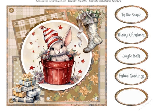 Traditional Christmas 58: Festive Bunny 8 x 8 Quick Card Front with Sentiments