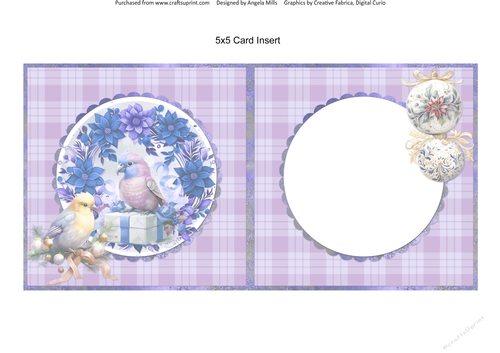 Traditional Christmas 33: Winter Birds 5 x 5 Card Insert with Violet Plaid Background