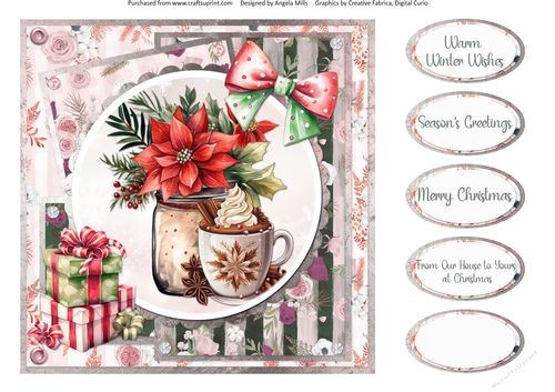 Traditional Christmas 50: Poinsettias & Hot Chocolate 8 x 8 Quick Card Front with Sentiments