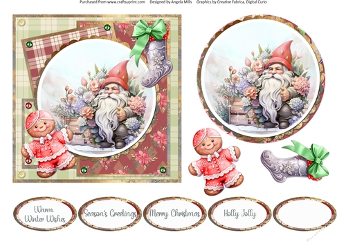 Traditional Christmas 62: Winter Gnome 6 x 6 Card Front with Topper, Decoupage and Sentiments