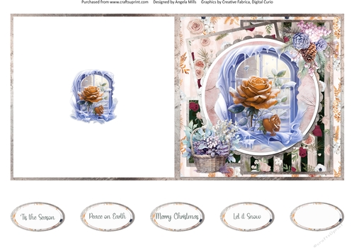 Traditional Christmas 18: Floral Snowy Window 5 x 5 Quick Cut & Fold Card with Sentiments