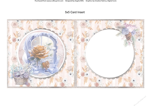 Traditional Christmas 18: Floral Snowy Window 5 x 5 Card Insert with Peach Floral Background