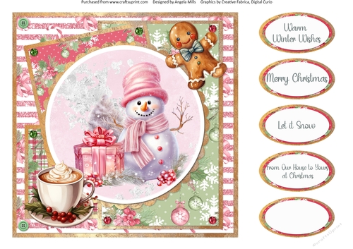 Traditional Christmas 37: Pink Snowman & Hot Chocolate 8 x 8 Quick Card Front with Sentiments