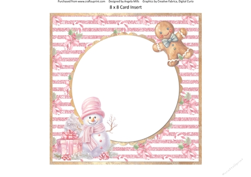 Traditional Christmas 37: Pink Snowman & Gingerbread Man 8 x 8 Card Insert with Pink Glitter Stripes Background