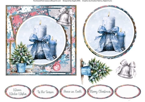 Traditional Christmas 51: Blue Boho Candles 6 x 6 Card Front with Topper, Decoupage and Sentiments