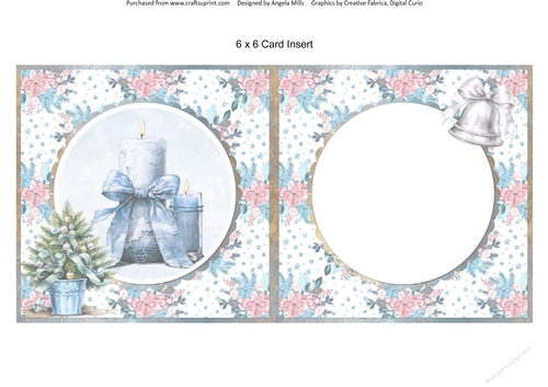 Traditional Christmas 51: Blue Boho Candles 6 x 6 Card Insert with Blue/Pink Winter Florals Background