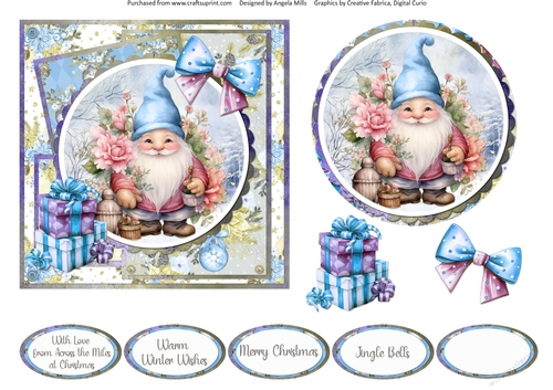 Traditional Christmas 38: Winter Floral Gnome 6 x 6 Card Front with Topper, Decoupage Elements and Sentiments