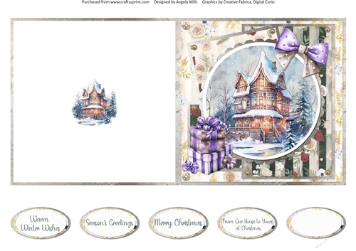 Traditional Christmas 42: Snowy Winter House 5 x 5 Quick Cut & Fold Card with Sentiments