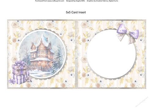 Traditional Christmas 42: Snowy Winter House 5 x 5 Card Insert with Ivory Striped/Floral Background