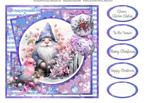 Traditional Christmas 64: Snowy Floral Gnome 8 x 8 Quick Card Front with Sentiments