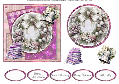 Traditional Christmas 23: Silver Bauble Wreath 6 x 6 Card Front with Topper, Decoupage and Sentiments