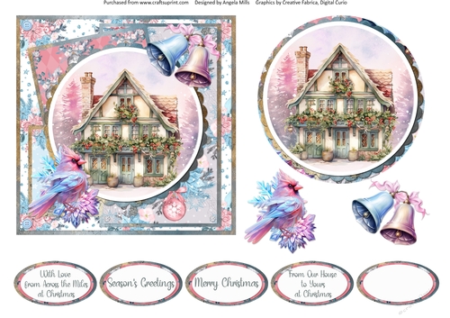 Traditional Christmas 47: Gardlanded Winter Cottage 6 x 6 Card Front with Topper, Decoupage and Sentiments