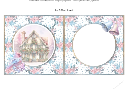 Traditional Christmas 47: Gardlanded Winter Cottage 6 x 6 Card Insert with Pink/Blue Winter Floral Background