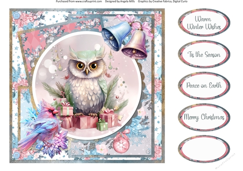 Traditional Christmas 34: Pastel Owl & Cardinal Bird 8 x 8 Quick Card Front with Sentiments
