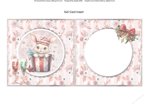 Traditional Christmas 57: Festive Bunny 5 x 5 Card Insert with Pink Floral Stripes Background