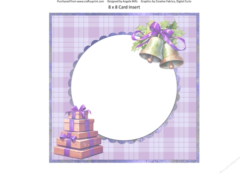 Traditional Christmas 19: Gift Boxes & Bells 8 x 8 Card Insertt with Lilac Plaid Background