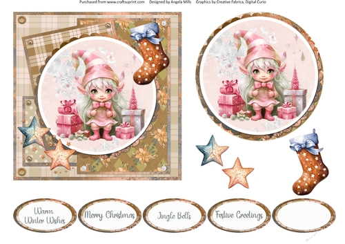 Traditional Christmas 35: Pink Elf 6 x 6 Card Front with Topper, Decoupage and Sentiments