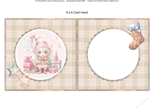 Traditional Christmas 35: Pink Elf 6 x 6 Card Insert with Tan Plaid Background