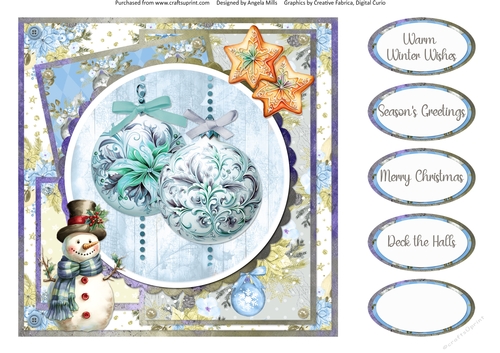 Traditional Christmas 61: Christmas Baubles & Snowman 8 x 8 Quick Card Front with Sentiments