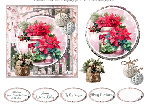 Traditional Christmas 20: Poinsettia Pots 6 x 6 Card Front with Topper, Decoupage and Sentiments