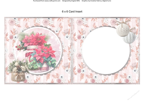 Traditional Christmas 20: Poinsettia Pots 6 x 6 Card Insert with Pink/Peach Floral Striped Background