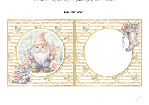 Traditional Christmas 39: Winter Garden Gnome 5 x 5 Card Insert with Peach Glitter Stripes Background