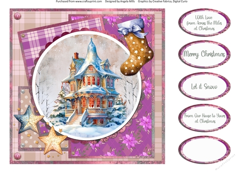 Traditional Christmas 43: Snowy House 8 x 8 Quick Card Front with Sentiments
