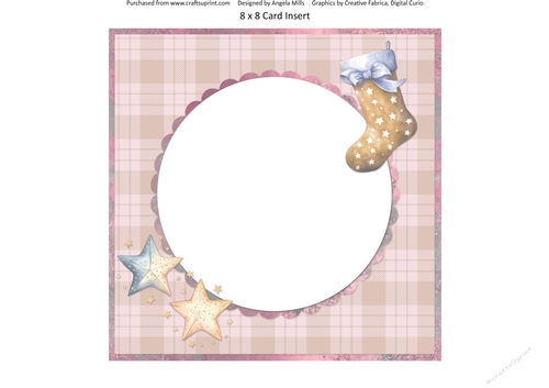 Traditional Christmas 43: Christmas Stocking/Stars 8 x 8 Card Insert with Pink/Tan Plaid Background