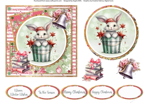 Traditional Christmas 56: Bucket Bunny 6 x 6 Card Front with Topper, Decoupage and Sentiments