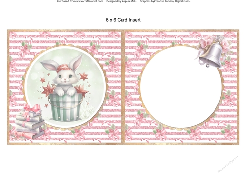 Traditional Christmas 56: Bucket Bunny 6 x 6 Card Insert with Pink Glitter Stripes/Candy Canes Background
