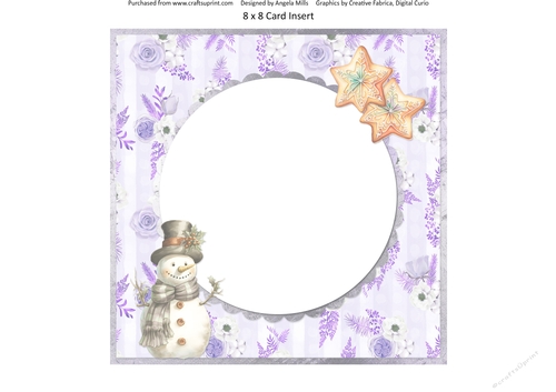 Traditional Christmas 31: Snowman/Iced Cookies 8 x 8 Card Insert with Lilac Floral Striped Background