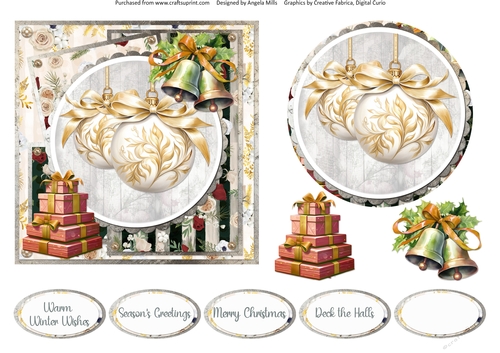 Traditional Christmas 59: Gold/Ivory Baubles 6 x 6 Card Front with Topper, Decoupage & Sentiments