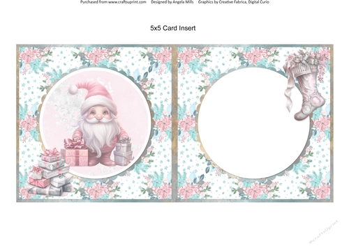 Traditional Christmas 36: Pink Gnome w/Gift Boxes 5 x 5 Card Insert with Pink & Aqua Winter Floral Background