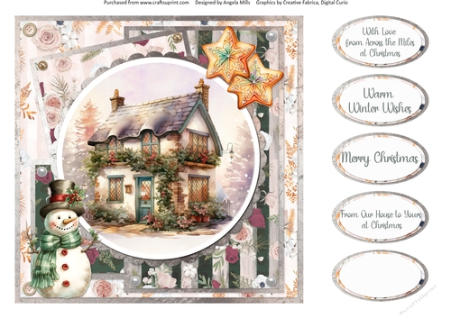Traditional Christmas 55: Winter Cottage Scene 8 x 8 Quick Card Front with Sentiments